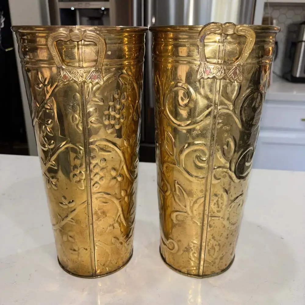 Vintage Hosley French Brass Bucket Planter Vases with Embossed Floral/Grapevine